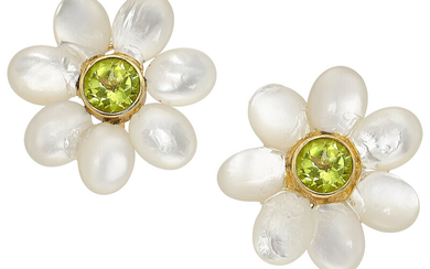 Peridot, Mother-of-Pearl, Gold Earrings Stones: Round-cut peridot; carved mother-of-pearl...
