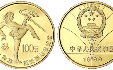 Pièces et médailles d'or étrangères, Chine, République populaire, depuis 1949, 100 yuans 1988. Jeux olympiques,...