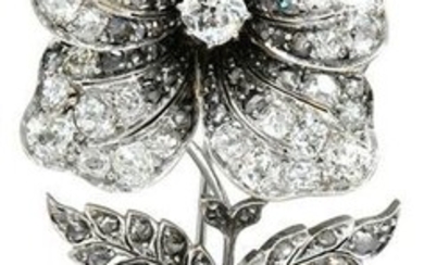 Platinum, 4.74 Carat Diamond & Pearl Flower Brooch