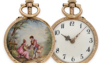 Pocket watch: beautiful miniature gold/ enamel lady's watch with Rococo enamel painting in Watteau style, Maurice Ditisheim, La Chaux-de-Fonds, No.113626, ca. 1890