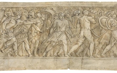 Polidoro Caldara, called Polidoro da Caravaggio, Italian 1499-1543- The Rape of the Sabines; pencil, pen and black ink and grey wash on laid paper, inscribed 'Polidoro' (lower left), 18 x 51 cm., (unframed). Provenance: The estate of the late...