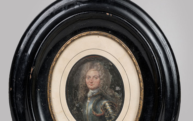 Portrait d'un maréchal en cuirasse. Miniature sur tôle en ovale. Époque XVIIIème siècle. 9 x 7 cm. Petits accidents.