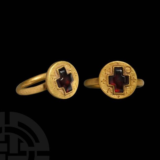Post Byzantine Gold Ring with Garnet Cross and