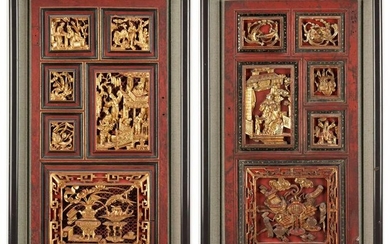 Pr. Chinese Red & Gilt Carved Cabinet Doors