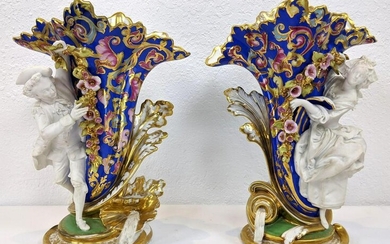 Pr Old Paris Porcelain Flared Figural Vases. Male & fem