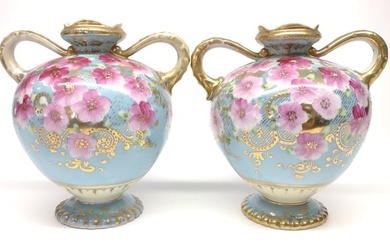 Pr of Nippon Prairie Rose Porcelain Vases
