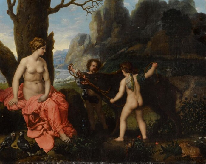 Putti presenting Venus with the boar that killed Adonis , Roman School, 17th Century