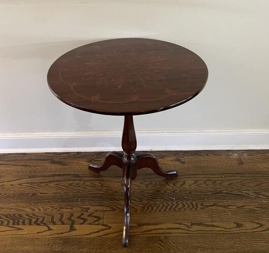 Queen Anne Style Marquetry Flip Top Pedestal Table.