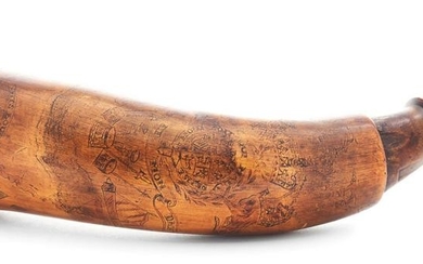 RARE "PITSBOURG" ENGRAVED MAP POWDER HORN WITH BRITISH