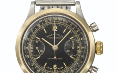 ROLEX. AN EXTREMELY RARE STAINLESS STEEL AND GOLD CHRONOGRAPH WRISTWATCH WITH BLACK DIAL AND BRACELET