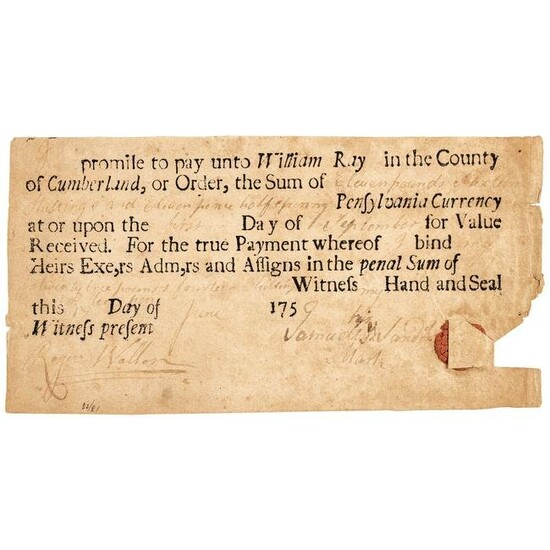 Rare 1759 Pennsylvania 90-Day Promissory Note