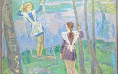 Repka Sergey Nikanorovich (Ukrainien, 1944-2016), enfants dans les bois, huile sur toile, signé en bas...