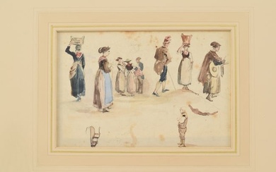 Richard Parkes Bonnington. British. Original 2-sided watercolor sketch of figures on one side and a