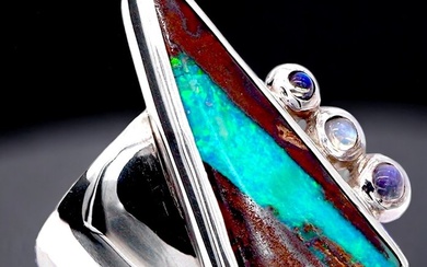 Ring with Australian Boulder Opal "Blue Lagoon" Boulder Opal - Height: 32 mm - Width: 27 mm- 20 g - (1)