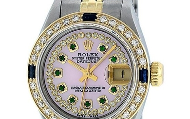 Rolex Ladies 2 Tone Pink MOP Emerald & Sapphire Datejust Wriswatch 26MM