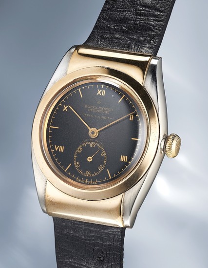 Rolex, Ref. 3064 A remarkable, impressive and extremely rare yellow gold and stainless steel wristwatch with black dial