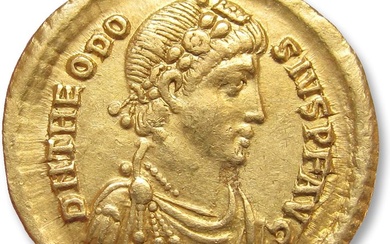 Roman Empire. Theodosius I (AD 379-395). Solidus Constantinople mint, 1st officina 388-392 A.D. - VOT / X / MVLT / XV on shield