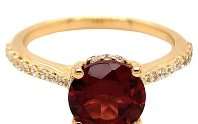 Round Natural Garnet And CZ Yellow Gold Over Sterling Silver Ring