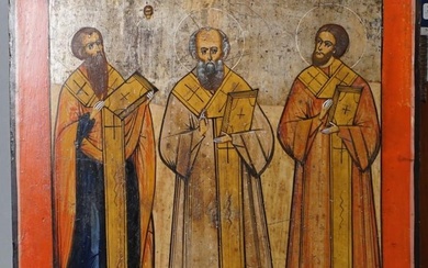 Russian icon, late 19th century, Basil the Great, Gregorius Naziandze and Johannus Chrysostom, dim.
