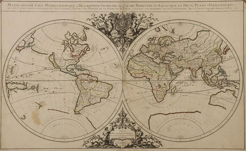 A GOOD SANSON WORLD MAP DATED 1679