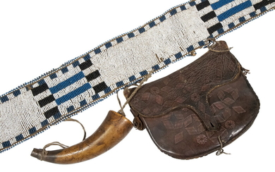 SANTEE SIOUX BEADED TOOLED LEATHER BANDOLIER BAG WITH HORN AND ACCESSORIES