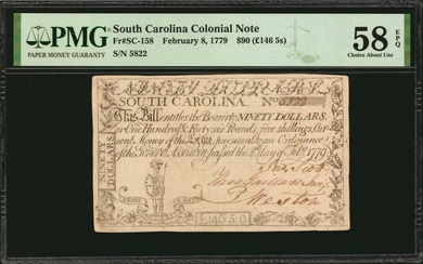 SC-158. South Carolina. February 8, 1779. $90. PMG Choice About Uncirculated 58 EPQ.