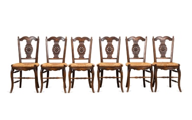 SET OF SIX FRENCH COUNTRY OAK & RUSH SEAT CHAIRS
