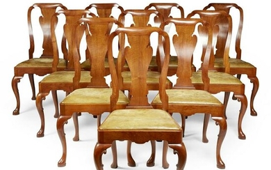 SET OF TWELVE QUEEN ANNE STYLE WALNUT DINING CHAIRS