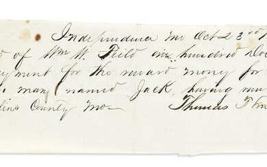 (SLAVERY & ABOLITION.) Reward receipt, bills of sale, hire agreement and more from a Missouri