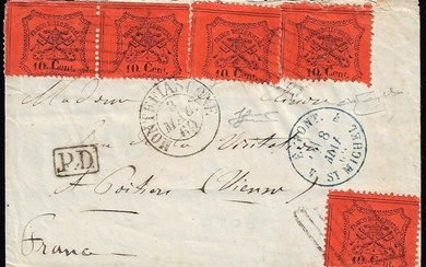 STATO PONTIFICIO-FRANCIA 1869 - 10 cent. arancio, cinque esemplari, perfetti...