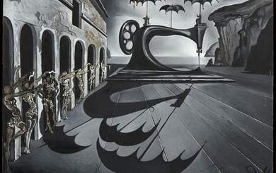 Salvador Dali (1904-1989) Machine à coudre avec parapluies dans un paysage surréaliste, 1941