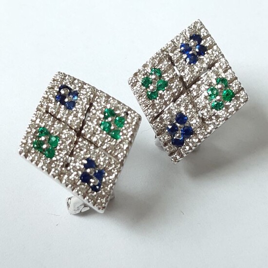 Salvini - 18 kt. White gold - Earrings Diamond - Emerald, Sapphires