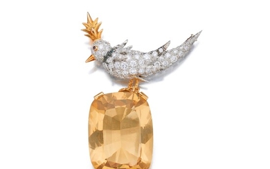 Schlumberger for Tiffany & Co. Citrine, Ruby and Diamond 'Bird on a Rock' Brooch