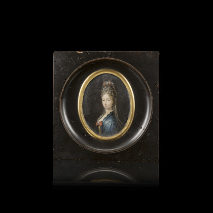 School of the 18th century "Portrait of a Lady of the Livizzani family" oval miniature on copper (cm 9x6,5) In...