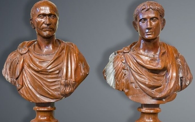 Sculpture, Pair of bustiers represent Caesar and Augustus (2) - Marble, Rosso Antico marble - Early 20th century