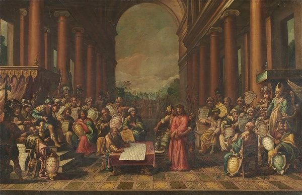 Scuola lombarda del secolo XVII Cristo davanti a Caifa Olio su tela, cm 73x