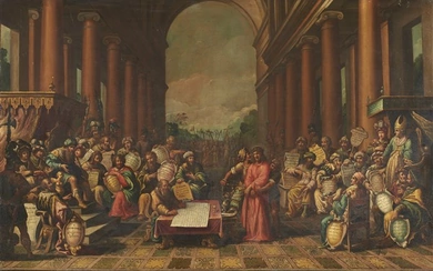 Scuola lombarda del secolo XVII Cristo davanti a Caifa Olio su tela, cm 73x