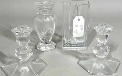 Set of Four Glass Items Including Val St. Lambert Candlesticks