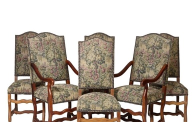 Set of Six French Louis XIII Style Os de Mouton Walnut Chairs, 19th c., Fauteuil- H.- 45 in., W.- 24