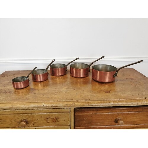 Set of five good quality copper and brass sauce pans {26 cm ...