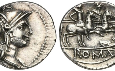 Shield and Carnix series, Denarius, Uncertain mint, ca. 206-200 BC;...