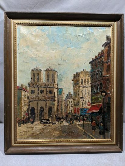 Signed Impressionist Church Street Scene Oil Painting