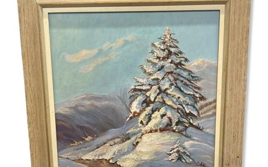 Signed M. Paquette Oil Painting on Canvas Winter Landscape Scene