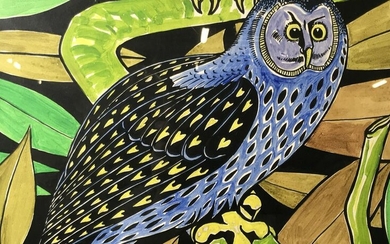 Signed Owl Watercolor Lopes Ribeiro