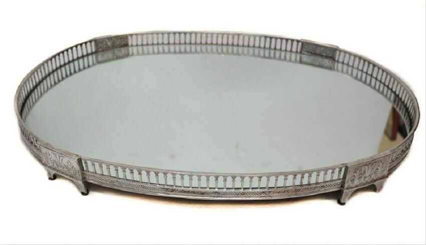 Silver Plate Oval Mirror Platform Plateau