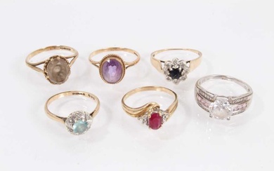 Six 9ct gold gem set dress rings