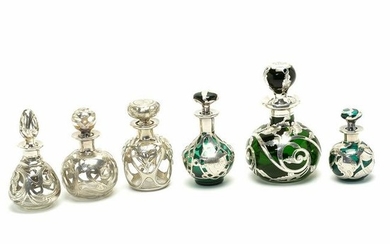 Six Small Glass Bottles with Sterling Silver Overlay.