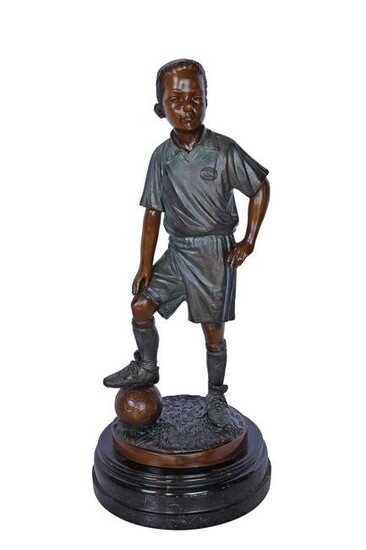 Soccer Boy Player in Action Bronze Statue on Marble