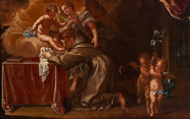 Spanish master; c. 1700. "San Antonio de Padua with Child" Oil on canvas. Relined.