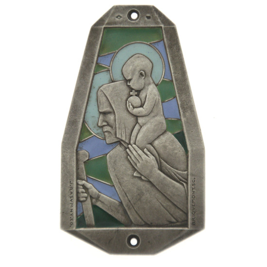 St. Christopher Sterling Silver and Enamel Dashboard Plaque Pendant Amulet, France, Early 20th Century.